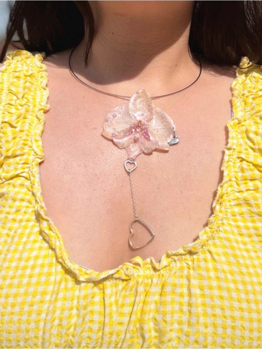 Delicate Pink Orchid Pendant Choker with Heart Drop